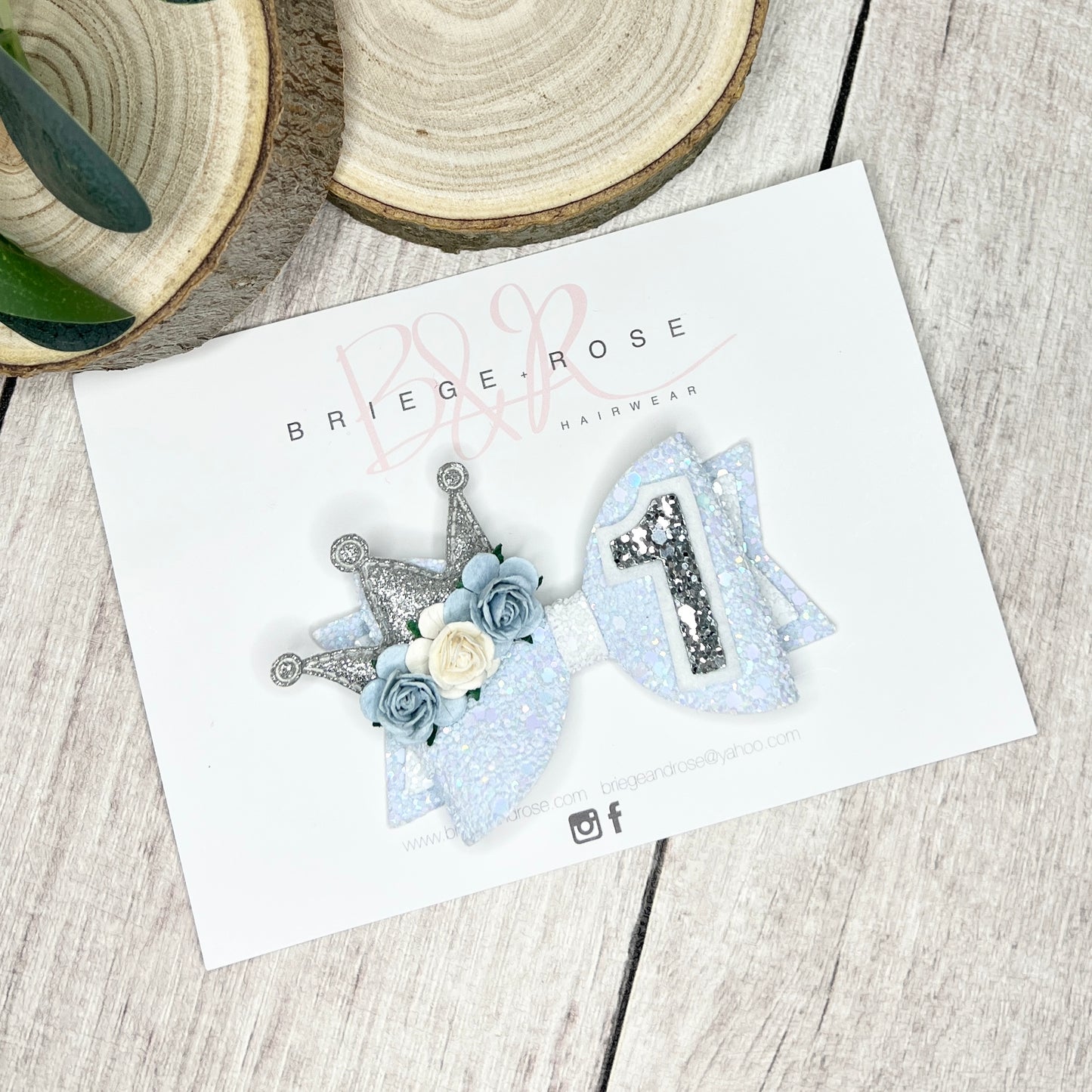 Birthday Bow - blue & silver crown