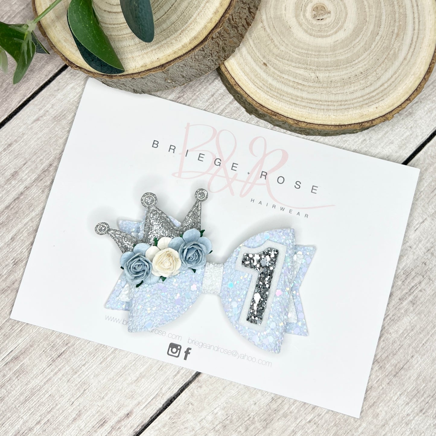 Birthday Bow - blue & silver crown