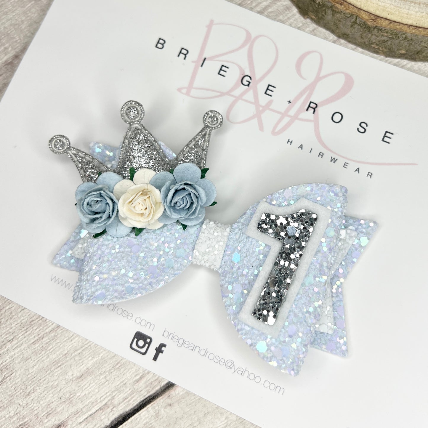 Birthday Bow - blue & silver crown