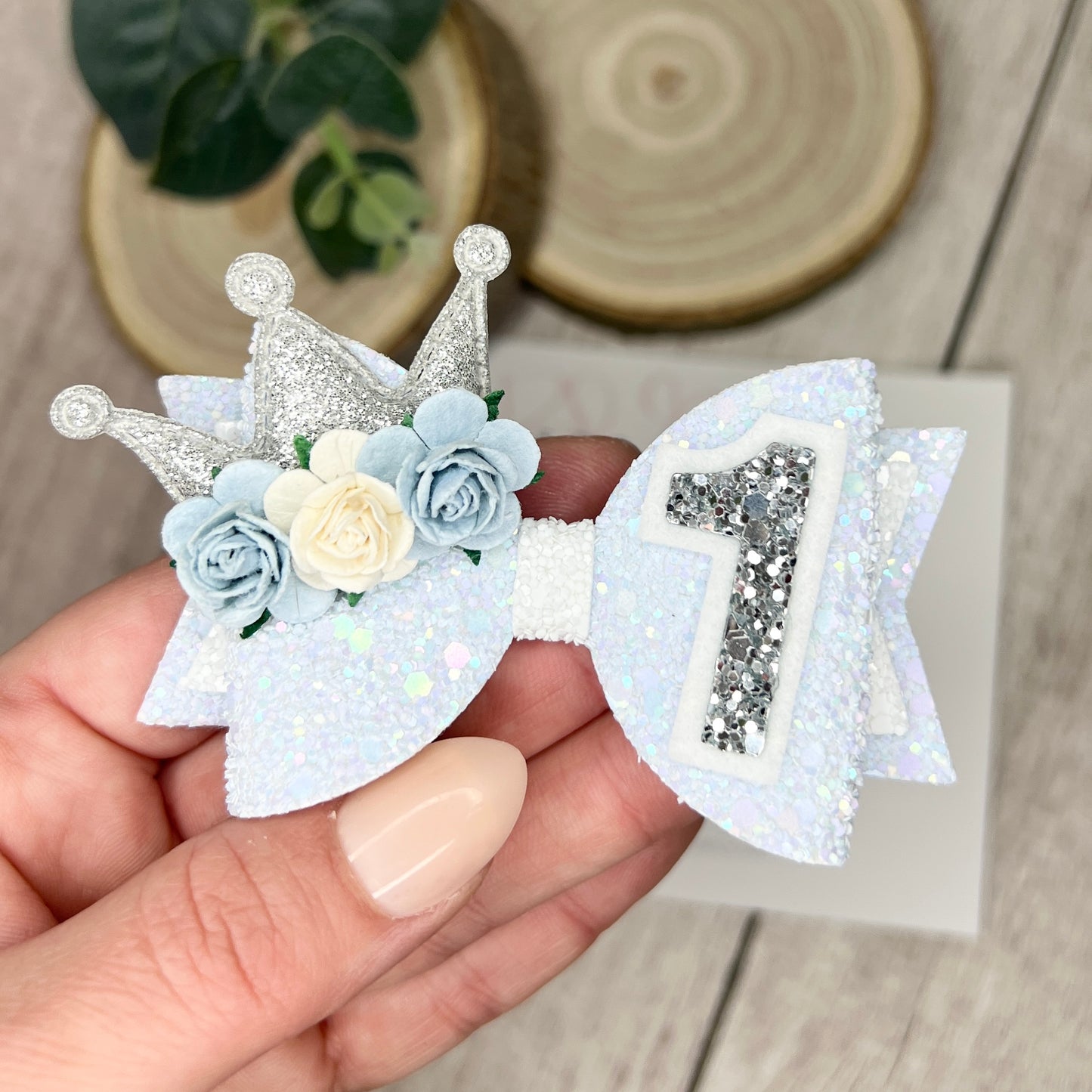 Birthday Bow - blue & silver crown