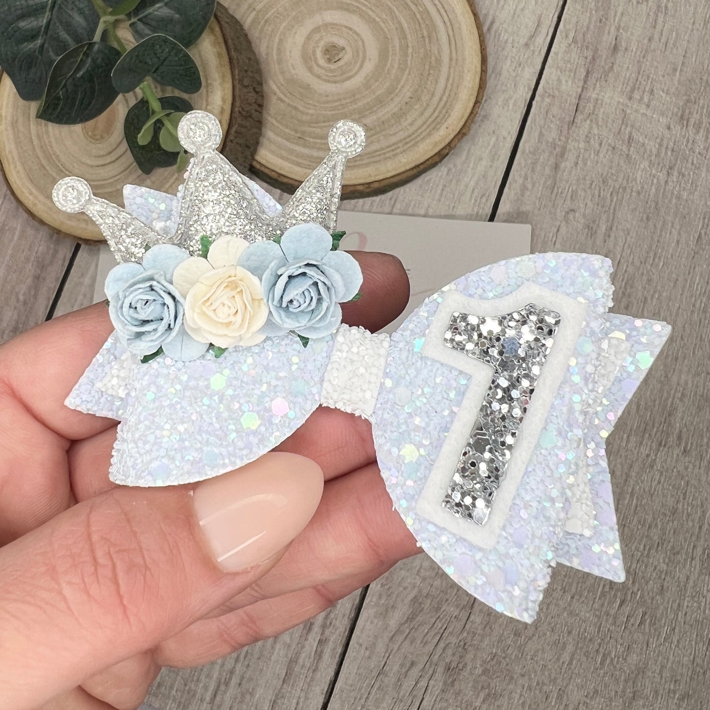 Birthday Bow - blue & silver crown