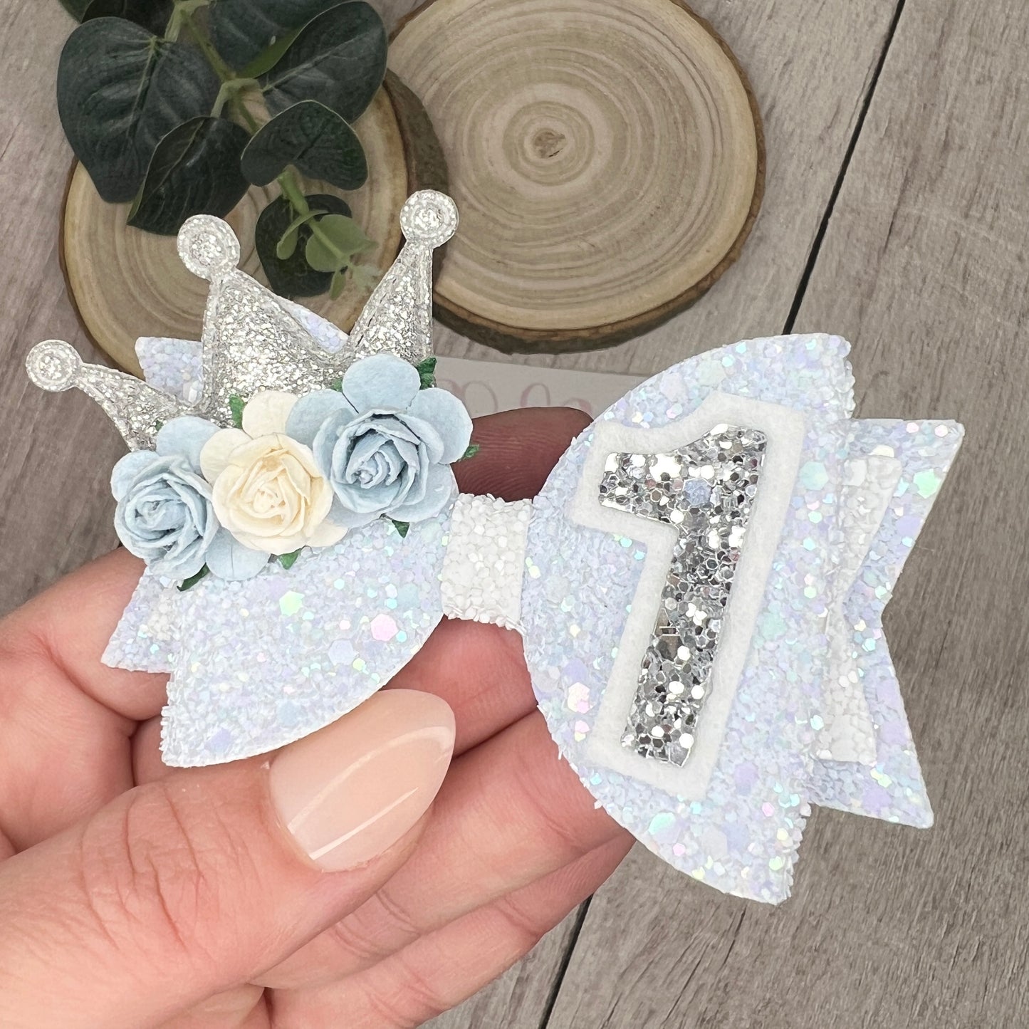 Birthday Bow - blue & silver crown