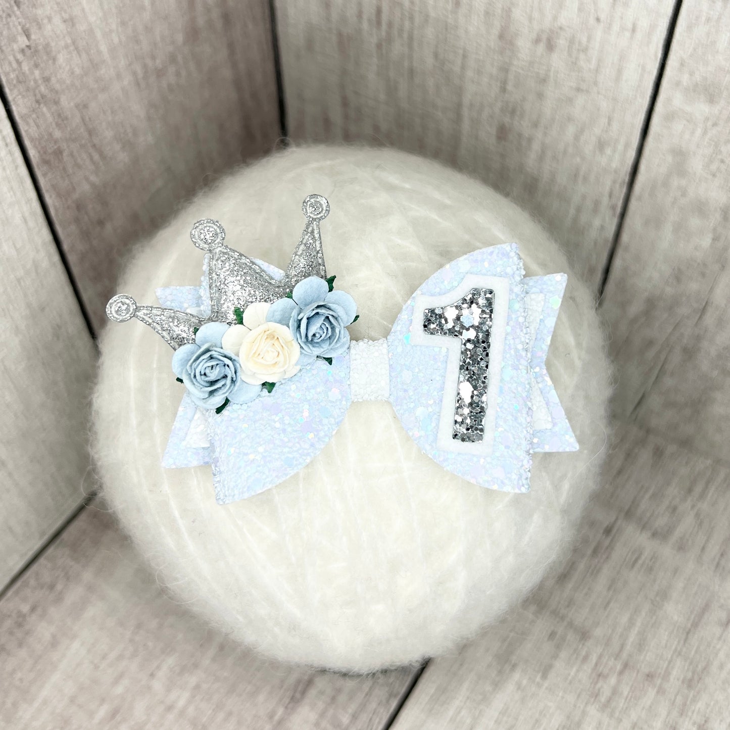 Birthday Bow - blue & silver crown
