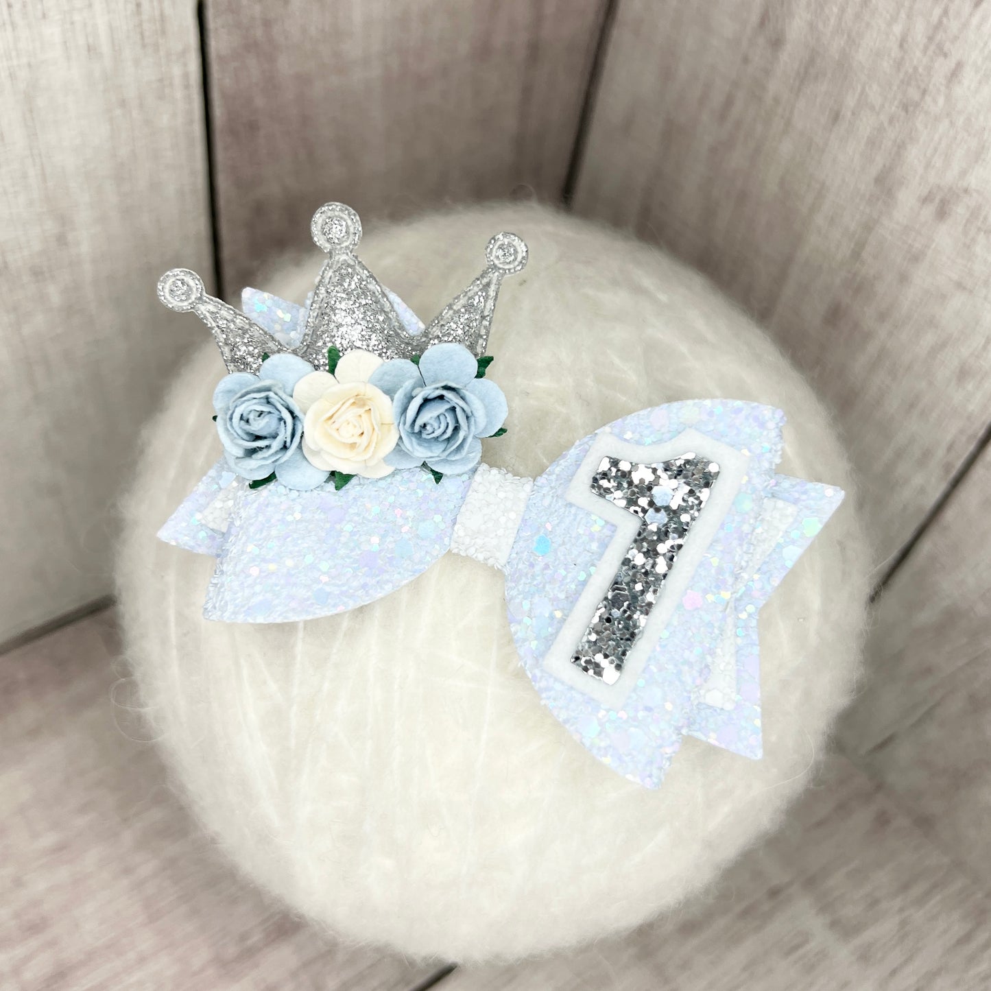 Birthday Bow - blue & silver crown
