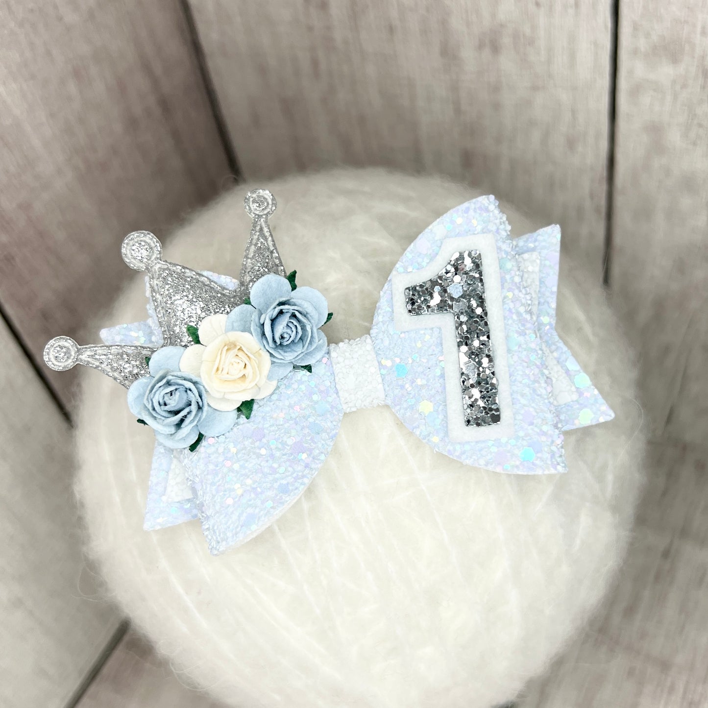 Birthday Bow - blue & silver crown