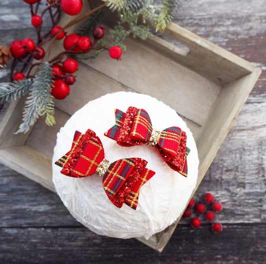 Pigtail Bow Set - christmas tartan