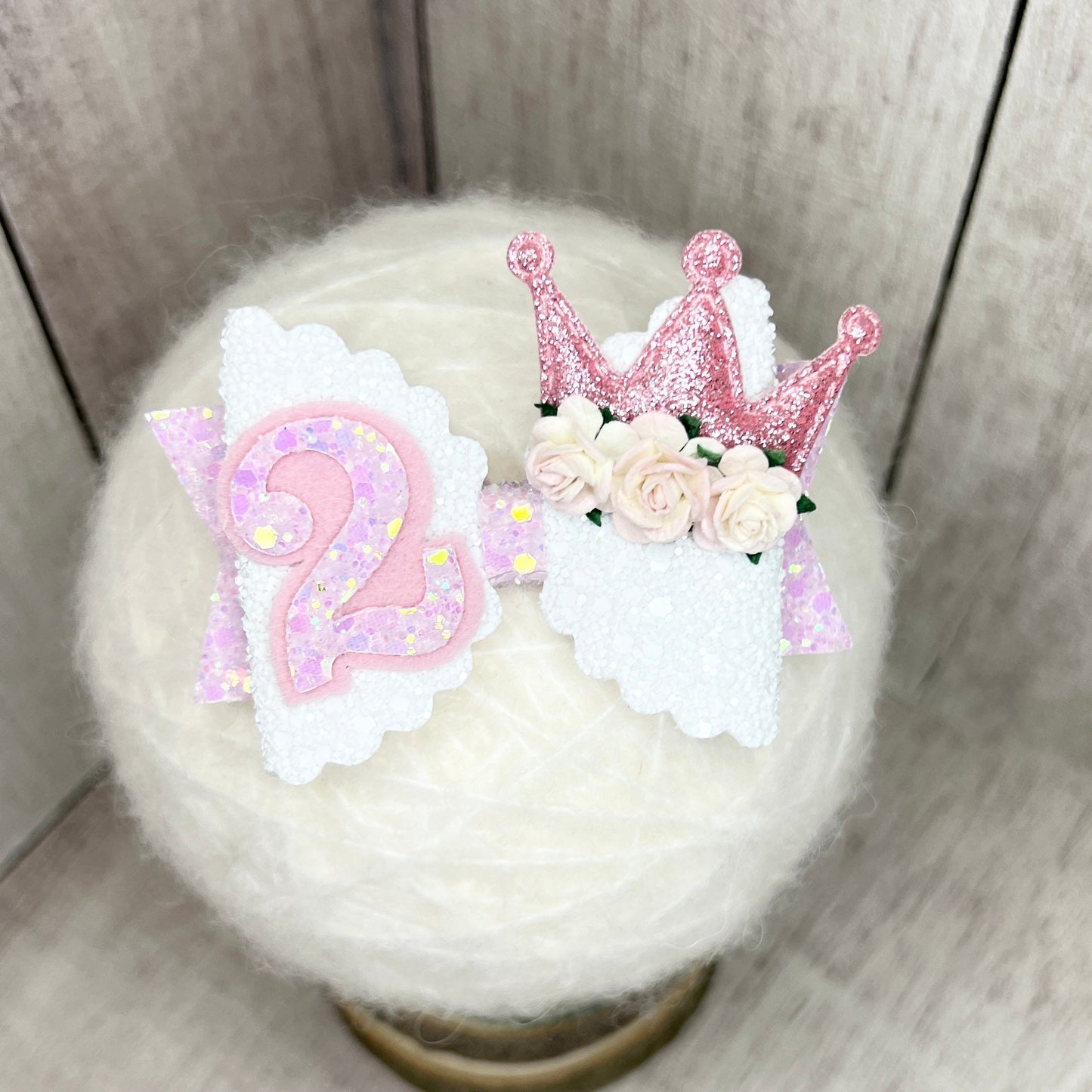 Birthday Bella Bow - white & pink crown